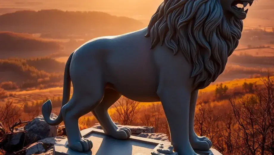 A majestic lion statue standing on a rocky hillside overlooking a vast Hungarian plain, with the sun setting behind distant hills, casting warm golden light on the stone, detailed carving showing the lion's mane flowing in the wind, traditional Hungarian folk patterns subtly engraved on the base, serene and powerful atmosphere