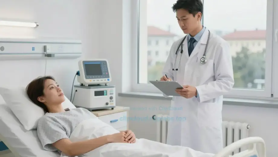 A clean, modern hospital room in Nyíregyháza, Hungary, featuring a hygienic doctor in a white coat with a stethoscope, standing beside a patient's bed with medical equipment, large window showing a calm cityscape, soft natural lighting, professional and serene atmosphere
