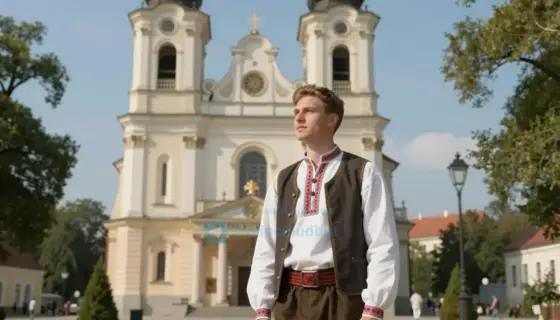 A serene scene depicting a young man named Tomi, the son of Kuksi, standing in front of a beautiful church in Diósgyőr, Hungary. The church is grand and ornate, with intricate architectural details. Tomi is dressed in traditional Hungarian attire, looking thoughtful and peaceful. The background includes lush greenery and a clear blue sky, emphasizing the tranquility and beauty of the location.