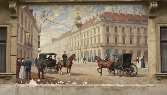 A weathered stone wall of a historic building in Budapest, showing a large, faded mural depicting a bustling 19th-century street scene with people in period clothing, horse-drawn carriages, and ornate architecture; the mural is cracked and peeling, with visible damage and missing sections, revealing the underlying plaster, under soft daylight with subtle shadows emphasizing texture