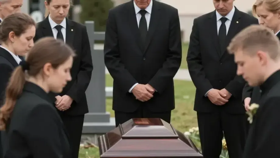 A solemn, respectful scene depicting a traditional Hungarian funeral prayer (imádság) in Miskolc, with mourners dressed in formal black attire gathered around a coffin or memorial, possibly in a church or cemetery setting, conveying deep reverence and sorrow for the deceased elderly person, with soft, natural lighting and a dignified atmosphere