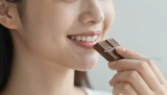 A close-up of a person with a gentle, comforting expression, showing a warm smile while holding a small, delicate piece of chocolate near their mouth, symbolizing the soothing effect of sweetness on emotional pain, with soft lighting and a serene background