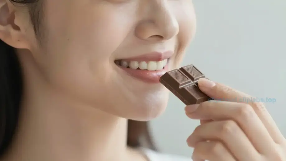 A close-up of a person with a gentle, comforting expression, showing a warm smile while holding a small, delicate piece of chocolate near their mouth, symbolizing the soothing effect of sweetness on emotional pain, with soft lighting and a serene background