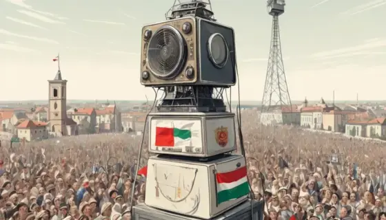 A dramatic scene of a radio tower broadcasting a papal visit announcement, with a crowd gathered below, vintage radio equipment, and a subtle hint of a Hungarian flag, all rendered in a detailed illustration style