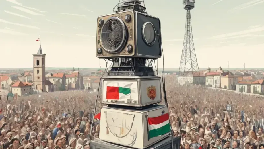 A dramatic scene of a radio tower broadcasting a papal visit announcement, with a crowd gathered below, vintage radio equipment, and a subtle hint of a Hungarian flag, all rendered in a detailed illustration style