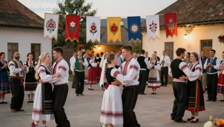 A traditional Hungarian wedding celebration scene in Nánd, featuring a large festive gathering with guests in formal attire dancing and celebrating, decorated with Hungarian folk motifs, colorful banners, and traditional wedding decorations, warm golden lighting, detailed background showing a village setting with historic buildings