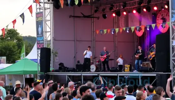 A lively outdoor music festival in Miskolc, Hungary, with a diverse crowd enjoying live performances on a main stage, colorful banners, food stalls, and people dancing under a clear evening sky