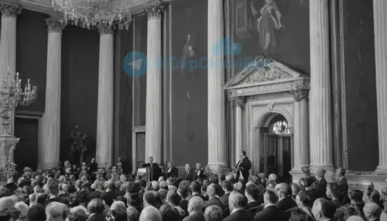 A historical black and white photograph of a woman speaking at a podium in a grand hall, with an audience attentively listening. The setting is elegant, with classical architecture and decorative elements. The woman is dressed in period-appropriate attire, suggesting the early 20th century. The atmosphere is formal and intellectual.