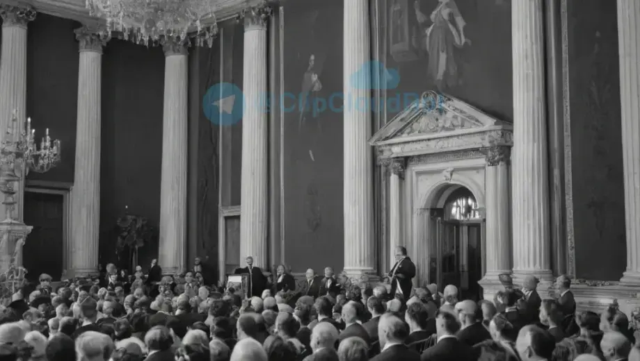 A historical black and white photograph of a woman speaking at a podium in a grand hall, with an audience attentively listening. The setting is elegant, with classical architecture and decorative elements. The woman is dressed in period-appropriate attire, suggesting the early 20th century. The atmosphere is formal and intellectual.