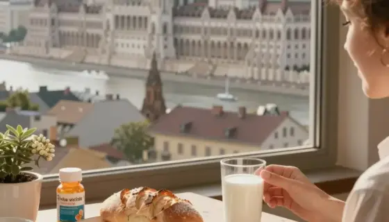 A bright, cheerful morning scene in Hungary, showing a sunny cityscape with iconic landmarks like the Hungarian Parliament Building and Buda Castle, bathed in warm golden sunlight. In the foreground, a person is enjoying a traditional Hungarian breakfast on a wooden table, featuring fresh bread, cheese, ham, and a glass of milk, with sunlight streaming through a window. The atmosphere is warm and inviting, emphasizing health and vitality, with subtle visual cues like a vitamin D supplement bottl