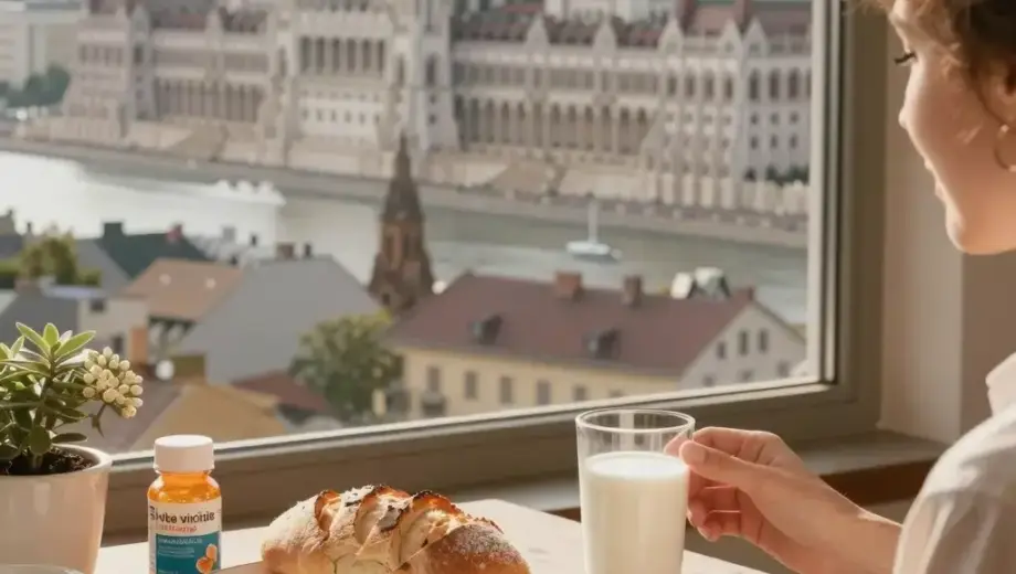 A bright, cheerful morning scene in Hungary, showing a sunny cityscape with iconic landmarks like the Hungarian Parliament Building and Buda Castle, bathed in warm golden sunlight. In the foreground, a person is enjoying a traditional Hungarian breakfast on a wooden table, featuring fresh bread, cheese, ham, and a glass of milk, with sunlight streaming through a window. The atmosphere is warm and inviting, emphasizing health and vitality, with subtle visual cues like a vitamin D supplement bottl
