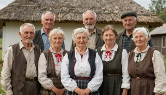 A group portrait of elderly Hungarian men and women from Mezőcsát, dressed in traditional rural clothing from the mid-20th century, standing together in front of a rustic village house with a thatched roof, soft natural daylight, warm earthy tones, realistic facial details, expressing quiet dignity and community spirit