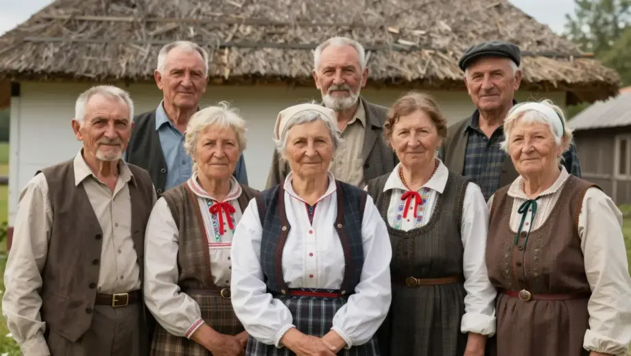 A group portrait of elderly Hungarian men and women from Mezőcsát, dressed in traditional rural clothing from the mid-20th century, standing together in front of a rustic village house with a thatched roof, soft natural daylight, warm earthy tones, realistic facial details, expressing quiet dignity and community spirit