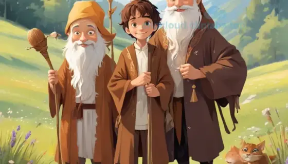 A whimsical illustration of four distinct characters: Bodri, a curious young boy with messy brown hair wearing a simple tunic; Csokoládé, a chocolate-colored cat with a sleek coat and playful eyes; Fülöpke, a small, round, fluffy creature with large ears and a cheerful expression; and Aladár, an elderly wise man with a long white beard, wearing traditional robes and holding a wooden staff. They are standing together in a sunlit meadow with wildflowers, gentle hills in the background, and a clear