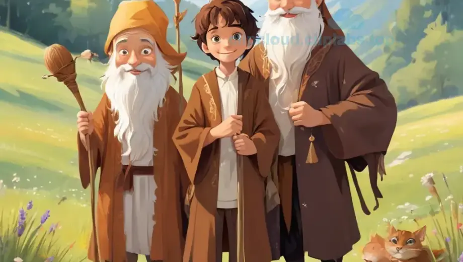 A whimsical illustration of four distinct characters: Bodri, a curious young boy with messy brown hair wearing a simple tunic; Csokoládé, a chocolate-colored cat with a sleek coat and playful eyes; Fülöpke, a small, round, fluffy creature with large ears and a cheerful expression; and Aladár, an elderly wise man with a long white beard, wearing traditional robes and holding a wooden staff. They are standing together in a sunlit meadow with wildflowers, gentle hills in the background, and a clear