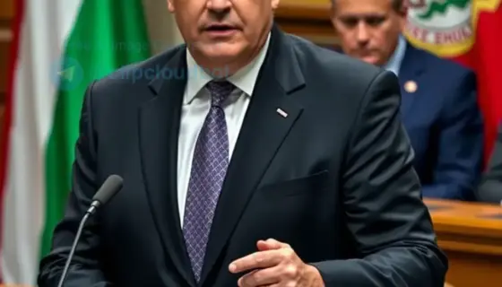 A Hungarian politician proposing a campaign break during a formal parliamentary session, standing at a podium with microphones, wearing a suit, with Hungarian flags and official government seals in the background, serious yet determined expression, realistic lighting and detailed textures