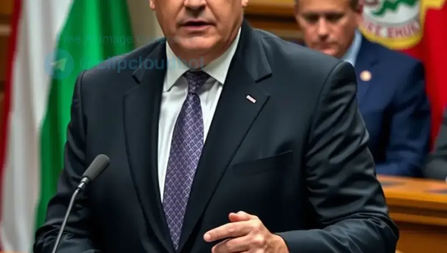 A Hungarian politician proposing a campaign break during a formal parliamentary session, standing at a podium with microphones, wearing a suit, with Hungarian flags and official government seals in the background, serious yet determined expression, realistic lighting and detailed textures
