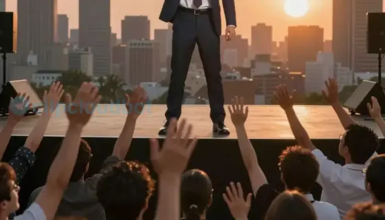 A dramatic cinematic scene showing a wealthy businessman in a sharp suit standing confidently on a stage, holding a golden key, with a massive crowd of diverse people reaching out towards him, symbolizing the transfer of wealth to the masses, with a backdrop of a modern city skyline at sunset