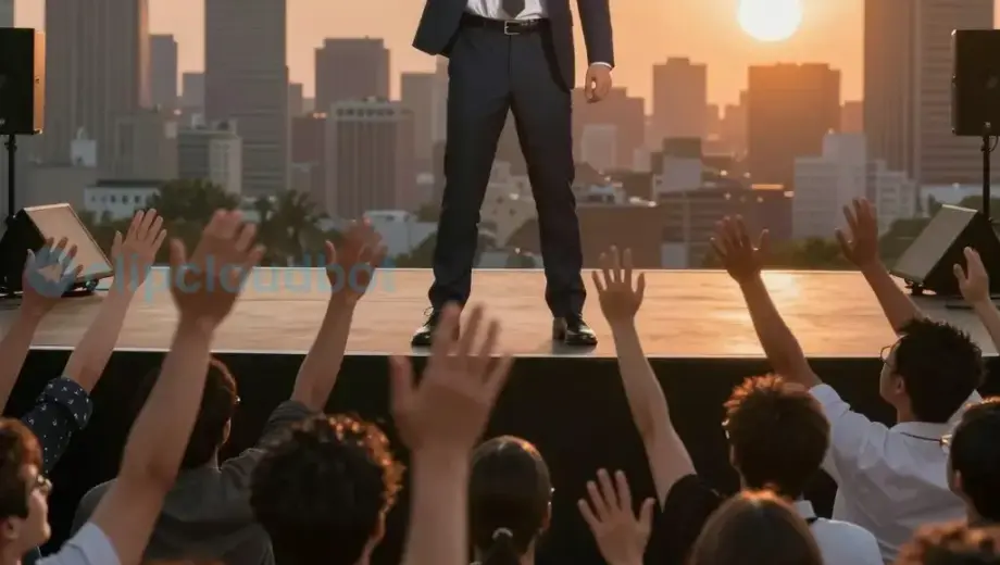 A dramatic cinematic scene showing a wealthy businessman in a sharp suit standing confidently on a stage, holding a golden key, with a massive crowd of diverse people reaching out towards him, symbolizing the transfer of wealth to the masses, with a backdrop of a modern city skyline at sunset
