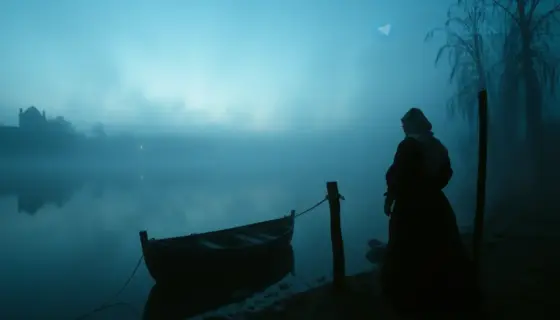 A dramatic scene featuring a mysterious figure in traditional Hungarian folk attire standing on a foggy riverbank at dusk, with a small boat tied to a wooden post, distant silhouettes of willow trees, and a faint glow of lanterns reflecting on the water, evoking a sense of intrigue and continuation of a tragic story