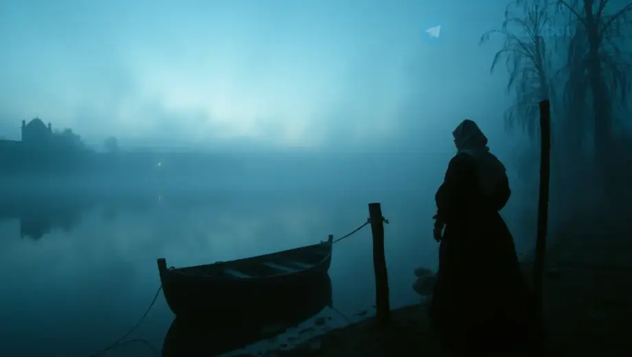 A dramatic scene featuring a mysterious figure in traditional Hungarian folk attire standing on a foggy riverbank at dusk, with a small boat tied to a wooden post, distant silhouettes of willow trees, and a faint glow of lanterns reflecting on the water, evoking a sense of intrigue and continuation of a tragic story