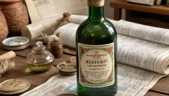 A close-up of a traditional Hungarian medicine bottle (gyógyszer) with a vintage label, placed on a wooden table next to a newspaper (lázlap) with the headline "Elgurult a gyógyszerem – Nem csörömpölnek már a lázlapok" visible, soft natural lighting, warm tones, detailed illustration