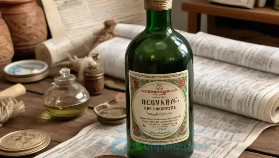 A close-up of a traditional Hungarian medicine bottle (gyógyszer) with a vintage label, placed on a wooden table next to a newspaper (lázlap) with the headline "Elgurult a gyógyszerem – Nem csörömpölnek már a lázlapok" visible, soft natural lighting, warm tones, detailed illustration