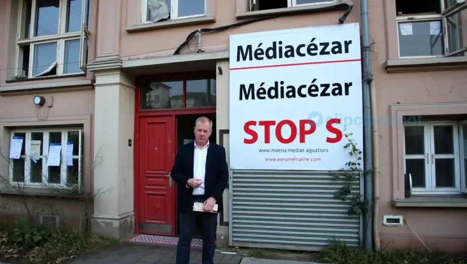 A Hungarian media house has stopped operating. A man stands in front of a closed building with a sign that says 'Médiacézár' (Media House). The man appears to be a journalist or reporter, looking disappointed or frustrated. The scene is set in an urban environment, possibly during the day. The building looks old and abandoned, with broken windows and overgrown vegetation. The man is wearing a suit and holding a notebook or camera.
