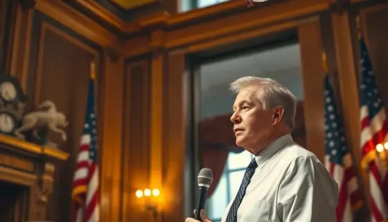 A solemn American politician standing in a grand, historic office, holding a microphone and looking toward a window where a dove flies in, symbolizing gratitude for the economy, with warm lighting and subtle American flag elements in the background