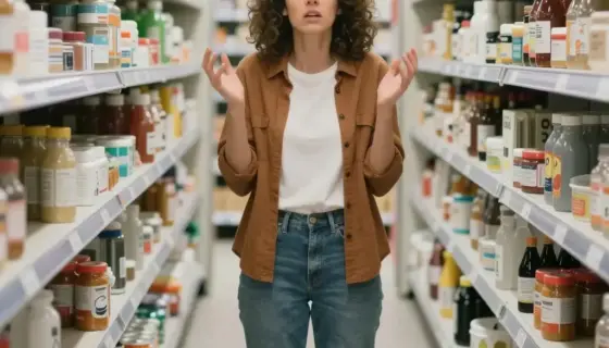 A person standing in a supermarket aisle, looking anxious and fearful with hands slightly raised, surrounded by empty shelves and a few scattered items, conveying shopping phobia and the feeling of emptiness when outside the comfort zone