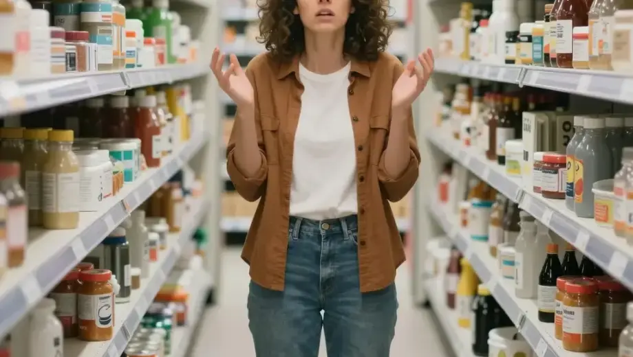 A person standing in a supermarket aisle, looking anxious and fearful with hands slightly raised, surrounded by empty shelves and a few scattered items, conveying shopping phobia and the feeling of emptiness when outside the comfort zone