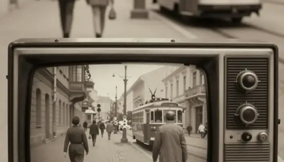 A nostalgic scene depicting a vintage Hungarian television set from the 1970s-1980s era, showing a grainy black-and-white broadcast of a classic Centru (Budapest) street scene with cobblestone streets, old tram cars, and period-appropriate pedestrians in retro clothing, with warm sepia tones and soft film grain texture to evoke retro television nostalgia