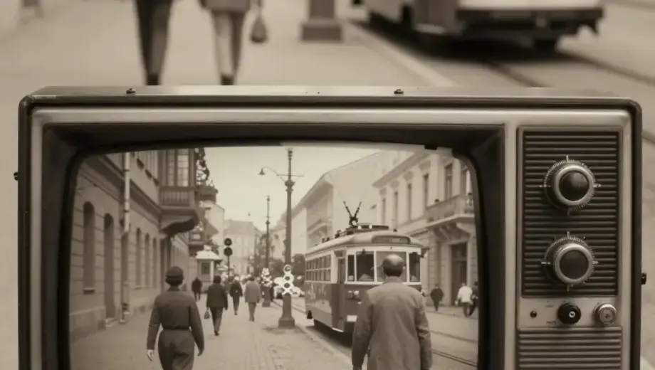 A nostalgic scene depicting a vintage Hungarian television set from the 1970s-1980s era, showing a grainy black-and-white broadcast of a classic Centru (Budapest) street scene with cobblestone streets, old tram cars, and period-appropriate pedestrians in retro clothing, with warm sepia tones and soft film grain texture to evoke retro television nostalgia