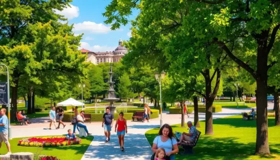 A vibrant scene in Miskolc City Park (Miskolci Népkert) during a warm, sunny day, showing people enjoying leisure activities like walking, sitting on benches, and children playing, with lush green trees, colorful flower beds, and a clear blue sky, captured in a detailed and realistic style