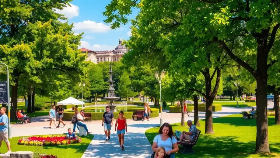 A vibrant scene in Miskolc City Park (Miskolci Népkert) during a warm, sunny day, showing people enjoying leisure activities like walking, sitting on benches, and children playing, with lush green trees, colorful flower beds, and a clear blue sky, captured in a detailed and realistic style