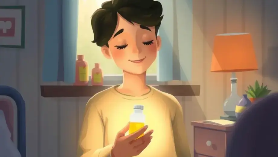 A serene, warm-hearted scene depicting a person in a cozy, well-lit room, gently holding a medicine bottle with a caring expression, surrounded by soft natural light and subtle symbols of health and compassion, representing the idea that kindness is the best medicine