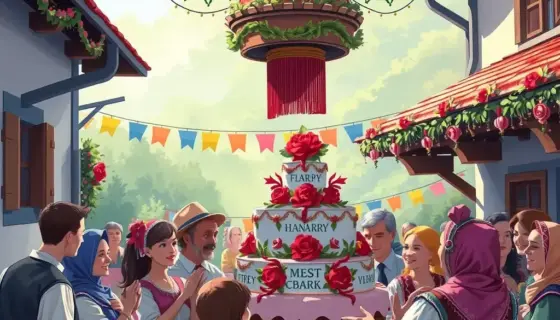 A vibrant, detailed illustration of a Hungarian folk scene showing a group of people celebrating a traditional festival in a sunlit village square, with colorful decorations, traditional clothing, and a large, ornate cake being presented as the centerpiece, symbolizing the 'most beautiful' prize without any text or numbers