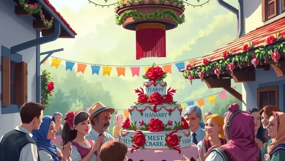 A vibrant, detailed illustration of a Hungarian folk scene showing a group of people celebrating a traditional festival in a sunlit village square, with colorful decorations, traditional clothing, and a large, ornate cake being presented as the centerpiece, symbolizing the 'most beautiful' prize without any text or numbers