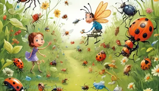 A whimsical illustration depicting various insects (ants, beetles, flies, ladybugs) interacting with a curious human figure (a child or adult) in a natural outdoor setting like a garden or meadow, showing the insects' roles in the ecosystem and the human's wonder at their activities, with clear focus on the relationship between the characters and the environment, rendered in a detailed, colorful, and engaging style