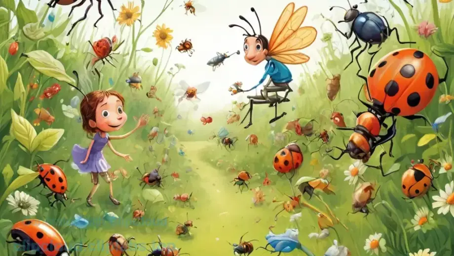 A whimsical illustration depicting various insects (ants, beetles, flies, ladybugs) interacting with a curious human figure (a child or adult) in a natural outdoor setting like a garden or meadow, showing the insects' roles in the ecosystem and the human's wonder at their activities, with clear focus on the relationship between the characters and the environment, rendered in a detailed, colorful, and engaging style