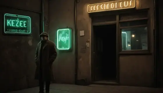 A vintage Hungarian street scene at night with a glowing neon sign reading 'Kiézett' on a shop window, featuring a lone figure in a coat looking up at the sign, surrounded by cobblestone streets and old-fashioned street lamps, with a moody atmosphere and subtle fog
