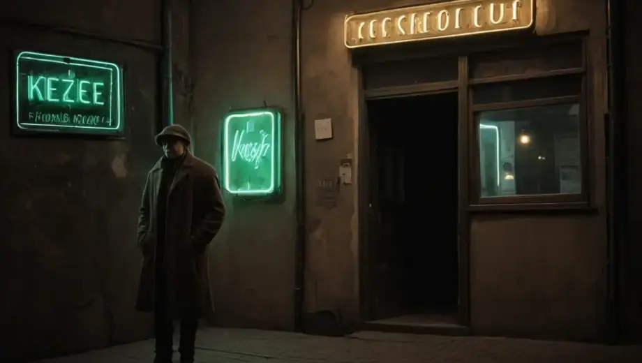 A vintage Hungarian street scene at night with a glowing neon sign reading 'Kiézett' on a shop window, featuring a lone figure in a coat looking up at the sign, surrounded by cobblestone streets and old-fashioned street lamps, with a moody atmosphere and subtle fog