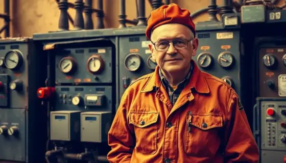 A nostalgic scene depicting a former Hungarian electric power station worker in a 1970s-80s uniform, standing proudly in front of a vintage power substation with analog control panels, warm sepia tones, detailed textures of aged metal and worn fabric, subtle grain for retro feel, no text or letters visible