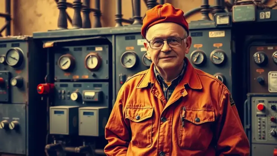 A nostalgic scene depicting a former Hungarian electric power station worker in a 1970s-80s uniform, standing proudly in front of a vintage power substation with analog control panels, warm sepia tones, detailed textures of aged metal and worn fabric, subtle grain for retro feel, no text or letters visible