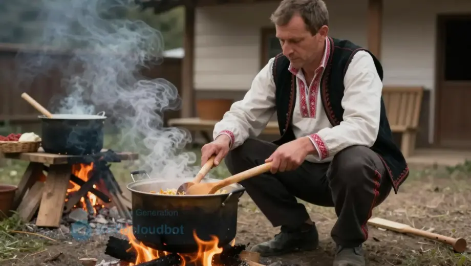 A traditional Hungarian folk scene depicting a young man (the pártfőtitkár) cooking food over an open fire outdoors, with a large pot, wooden utensils, and a rustic setting, likely in a village environment with traditional clothing and warm lighting