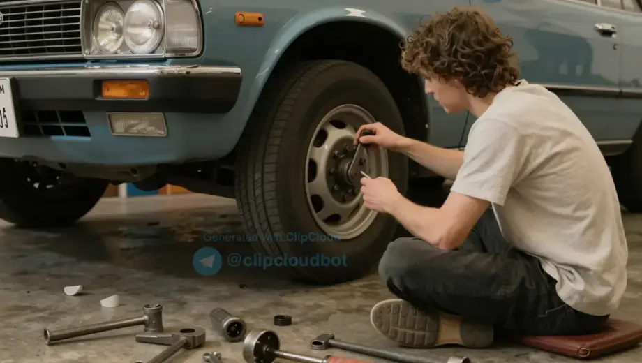 A cozy garage scene showing a person calmly waiting while a vintage car is being repaired, with tools and car parts scattered, warm lighting, and a sense of patience