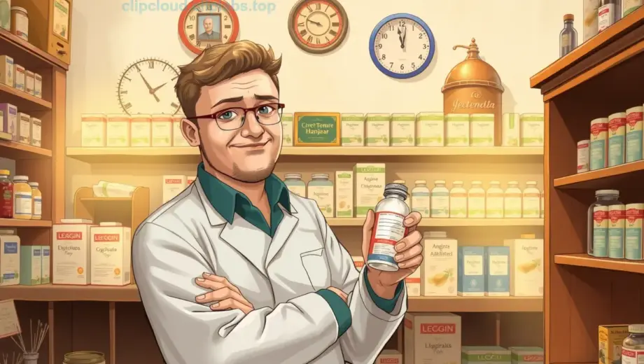 A detailed illustration of a Hungarian pharmacist standing in a traditional pharmacy interior, holding a prescription bottle and looking at the camera, with shelves of medicine boxes in the background, warm lighting, and a vintage aesthetic