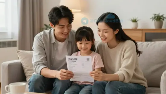 A cozy living room with a family of three sitting together, smiling and looking at a gas bill that shows a significant reduction in cost. The room is warmly lit with soft lighting, and there is a gas heater in the corner. The family appears happy and relieved, emphasizing the positive impact of the gas price reduction on their household budget.