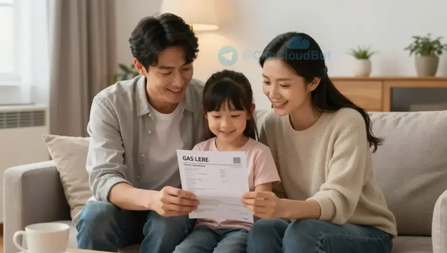 A cozy living room with a family of three sitting together, smiling and looking at a gas bill that shows a significant reduction in cost. The room is warmly lit with soft lighting, and there is a gas heater in the corner. The family appears happy and relieved, emphasizing the positive impact of the gas price reduction on their household budget.