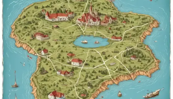 A detailed illustration of the three corners of a Bermuda triangle map centered on Tapolca, Hungary, showing historical landmarks and geographical features with a vintage aesthetic